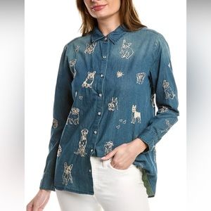 Johnny Was - Tippi Button Down - Cotton Shirt with Dog Embroidery Denim Look XS